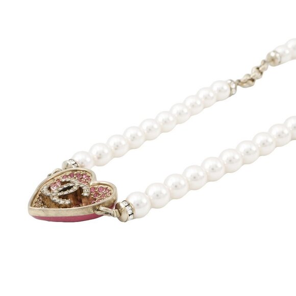 CHANEL Heart Rhinestone Pearl Long Necklace Gold Plated/Rhinestone/Faux Pearl - Picture 4 of 12